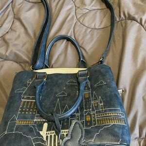 Loungefly Navy Blue Castle-Print Satchel with Gold Accents